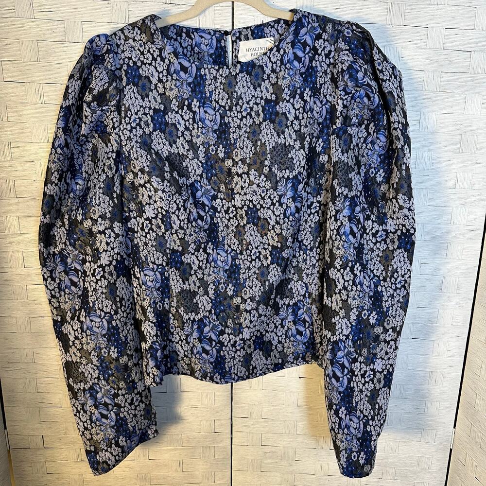 Hyacinth house women's blouse blue zip side floral feminine puff sleeve plus sz